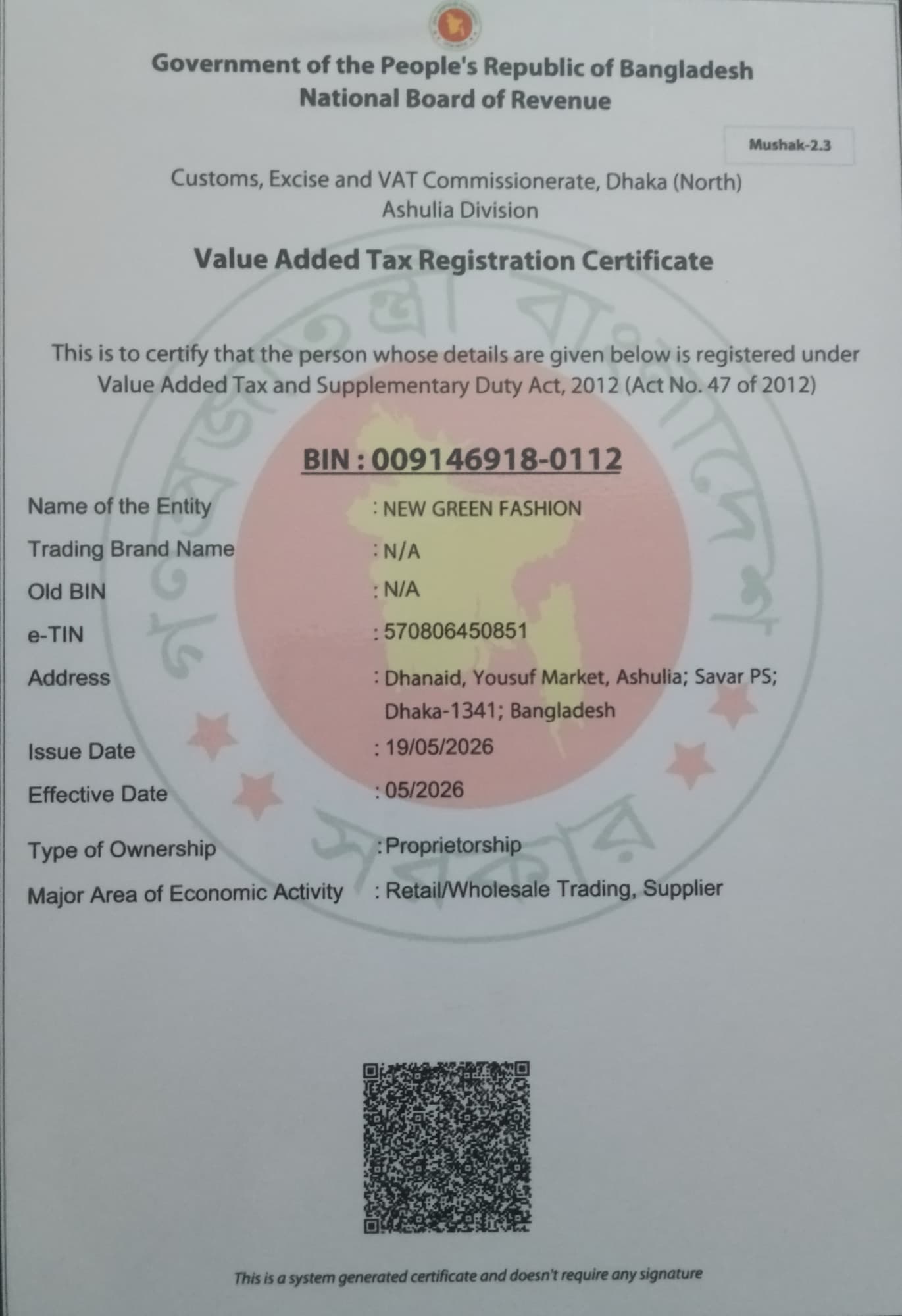 VAT Registration (BIN) of New Green Fashion