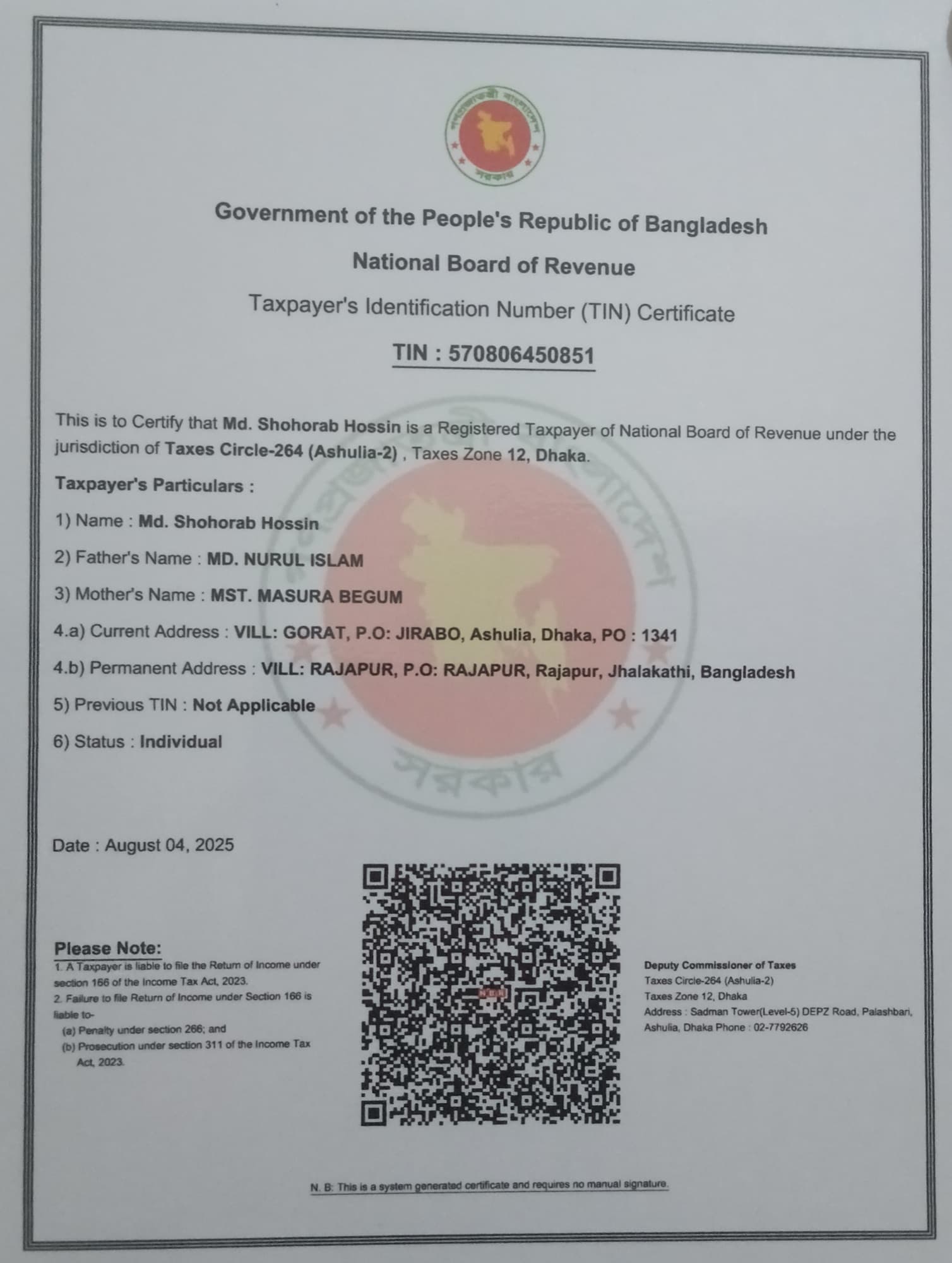 TIN Certificate of New Green Fashion