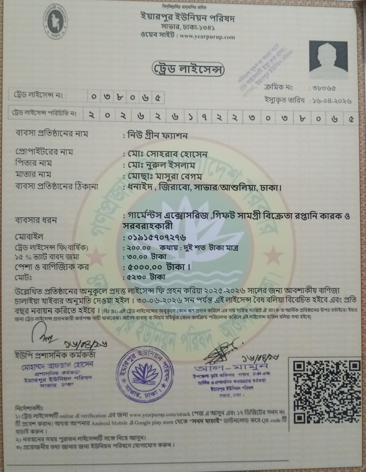 Trade Licence of New Green Fashion